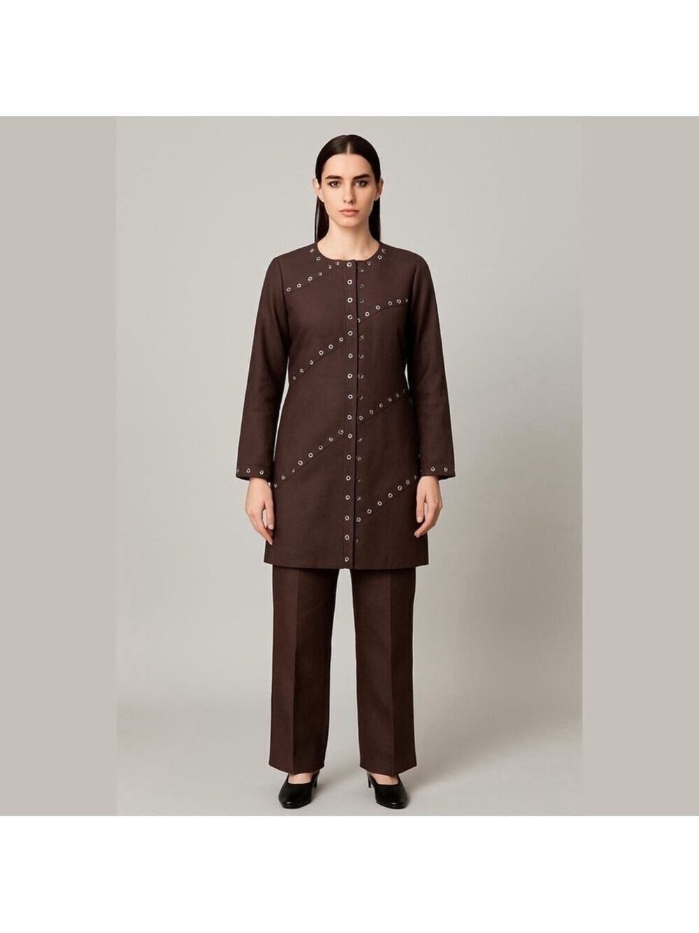 Carole Little Brown Linen Jacket 8 Silver Grommet Embellished Longline